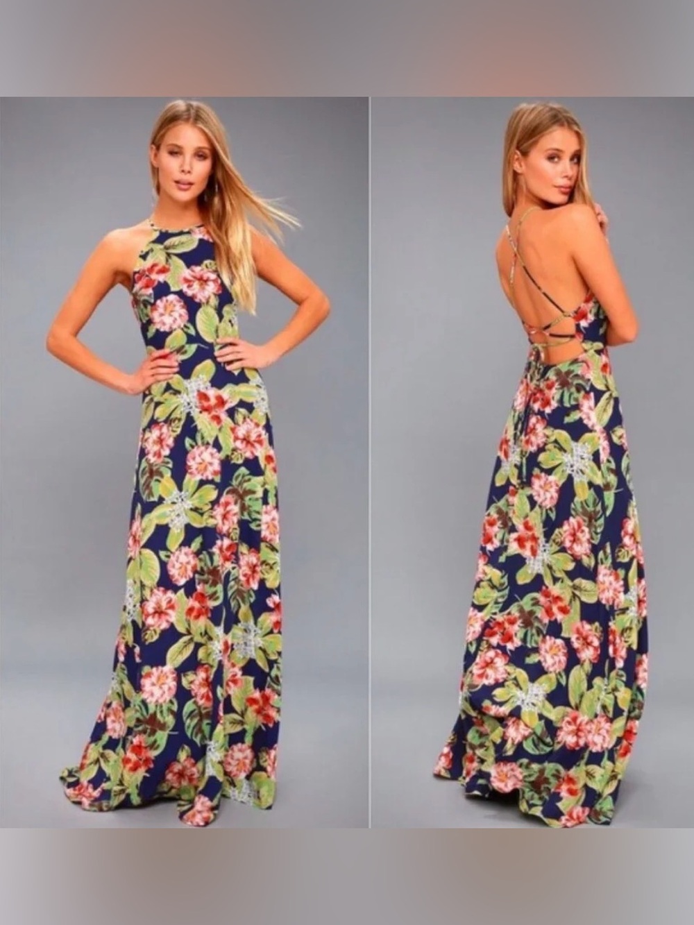 Lulu's Navy Floral Halter Maxi Dress